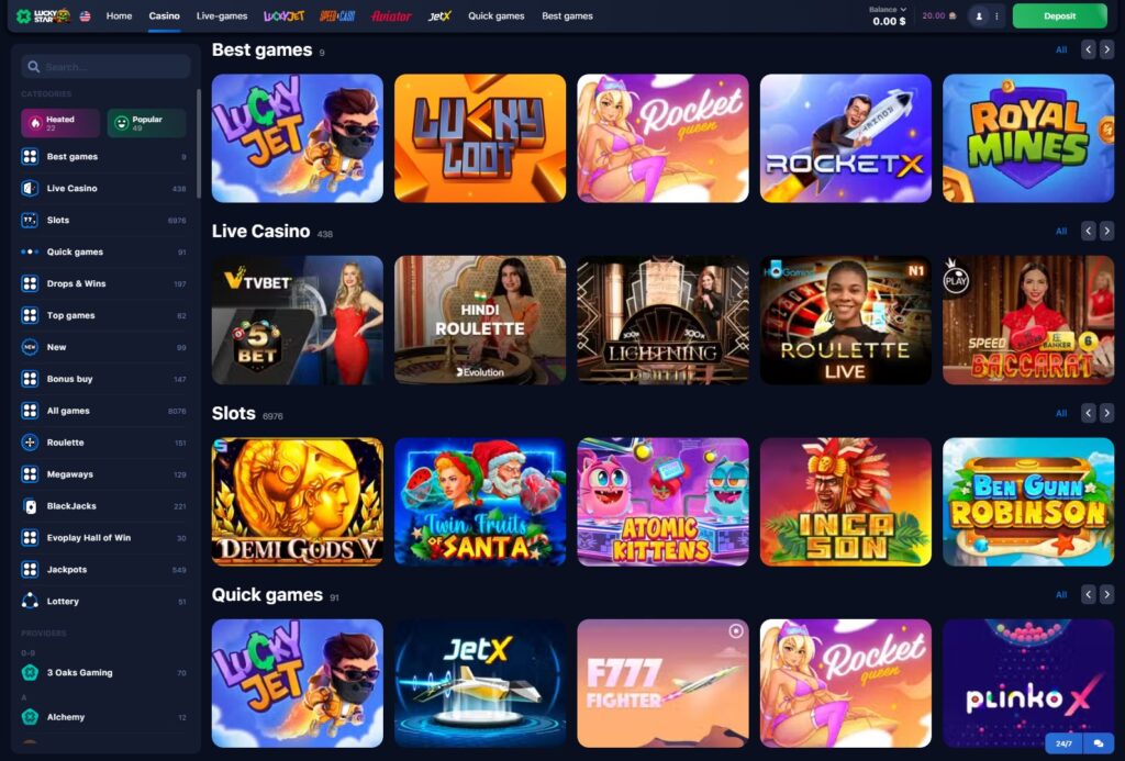 LuckyStar Online Casino games lobby