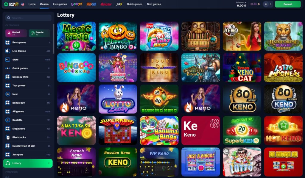 Online lotteries in LuckyStar Casino