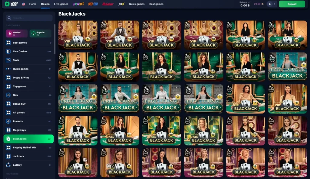 Live and virtual Blackjack in LuckyStar Online Casino